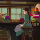 Star of Hayao Miyazaki's adaptation of Howl's Moving Castle, Sophie, sits on a stool looking at some of the hats she still has to work on.